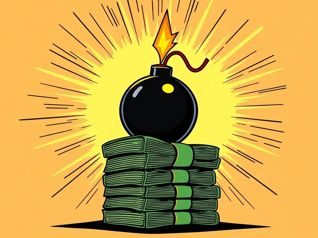 A digital illustration depicting stacks of money with a cartoonish bomb about to explode on top, symbolizing financial disputes and high-stakes drama in co-parenting situations.