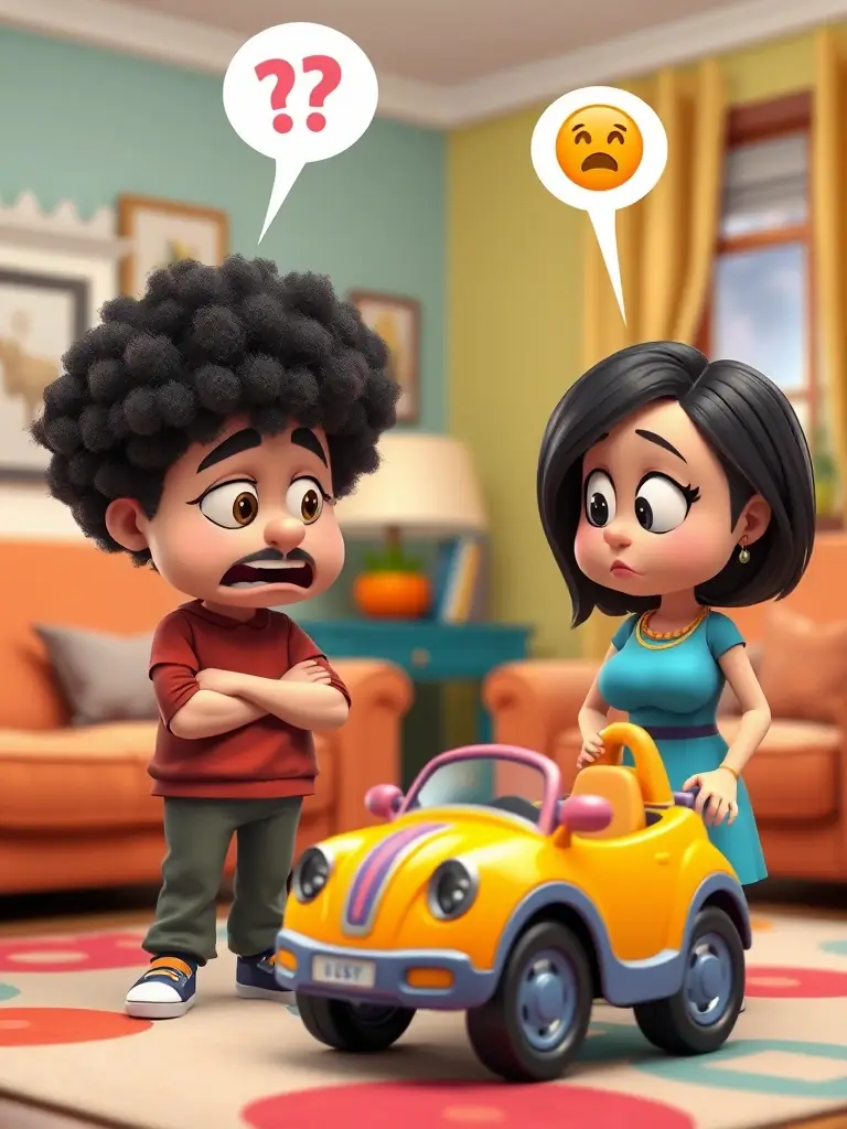 A digital painting of two cartoon parents arguing over a child's toy, with speech bubbles containing question marks and confused emojis, representing the 'Am I The Asshole?' (AITA) confessions.