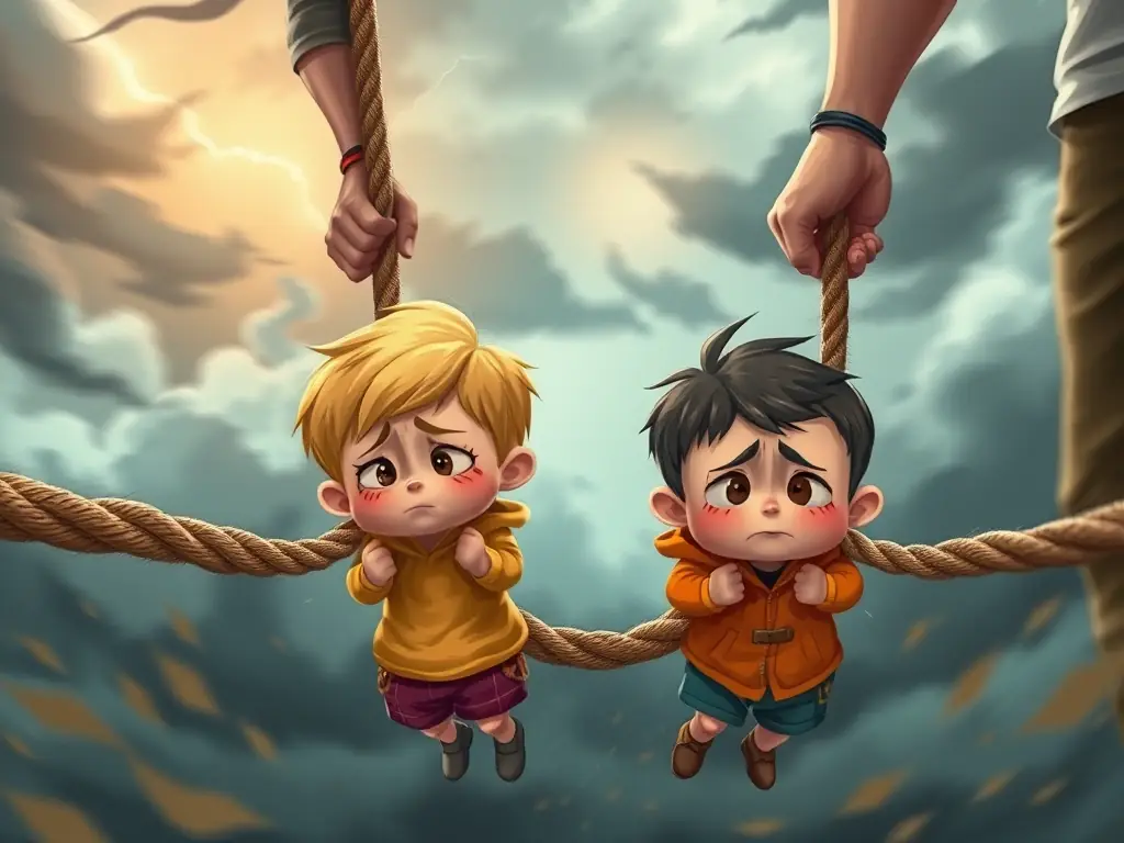 A digital illustration depicting two cartoon children caught in a tug-of-war between their co-parents, with exaggerated expressions of sadness and confusion. The background is a stormy sky, symbolizing the emotional turmoil of custody battles.