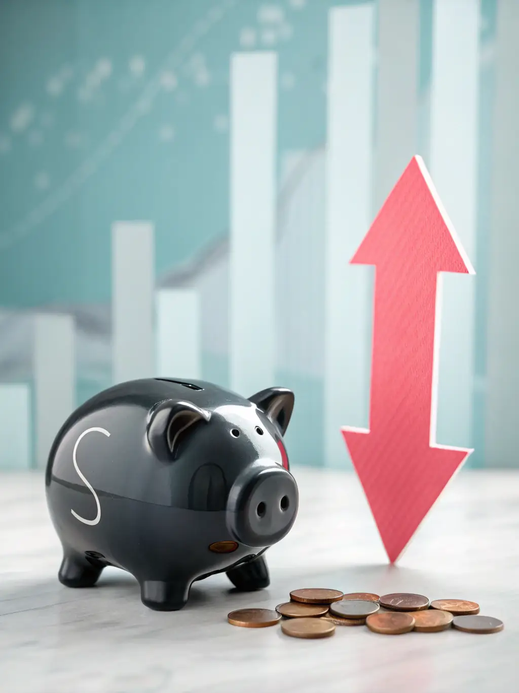 A stylized image of a piggy bank with wings flying away from a distressed parent, representing financial disagreements and struggles in co-parenting.