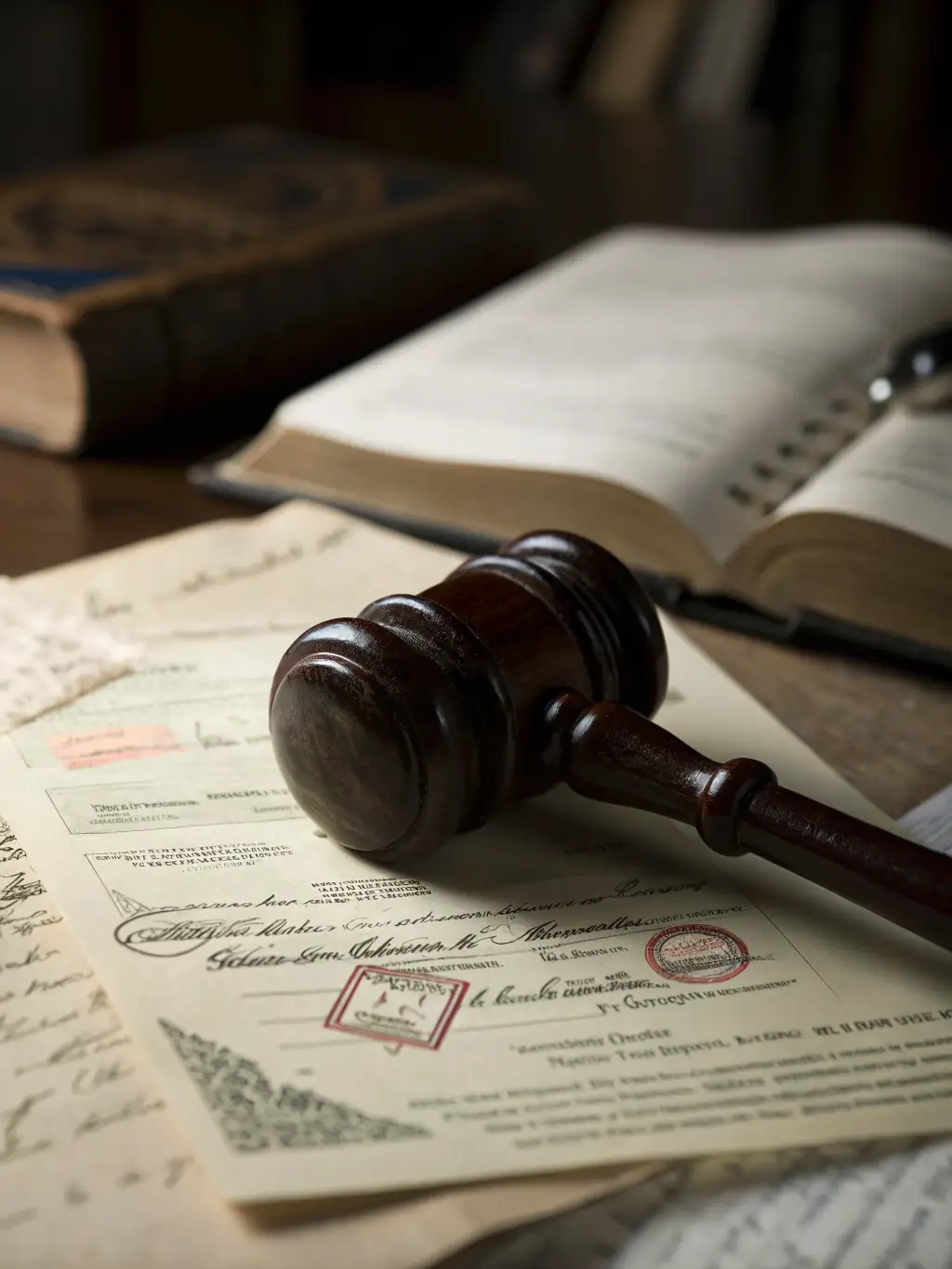 A dramatic photograph of a gavel slamming down on a table next to scattered legal documents, symbolizing the intensity and high stakes of custody battles.